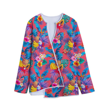 Pink Hawaiian Fruits Pattern Print Long Sleeve Short Coat