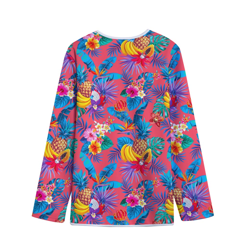 Pink Hawaiian Fruits Pattern Print Long Sleeve Short Coat