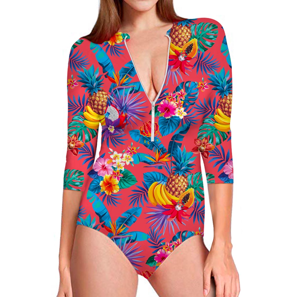 Pink Hawaiian Fruits Pattern Print Long Sleeve Swimsuit