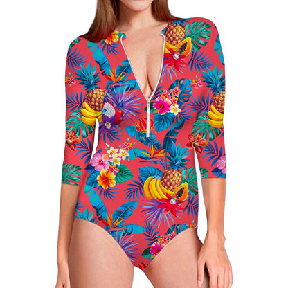 Pink Hawaiian Fruits Pattern Print Long Sleeve Swimsuit
