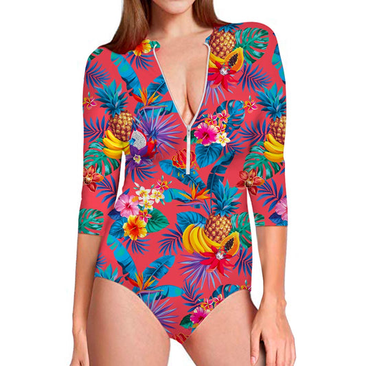 Pink Hawaiian Fruits Pattern Print Long Sleeve Swimsuit
