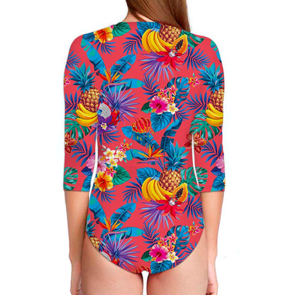 Pink Hawaiian Fruits Pattern Print Long Sleeve Swimsuit