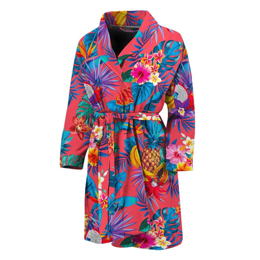 Pink Hawaiian Fruits Pattern Print Men's Bathrobe
