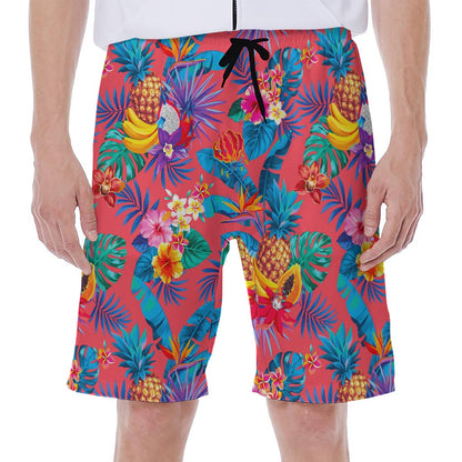 Pink Hawaiian Fruits Pattern Print Men's Beach Shorts