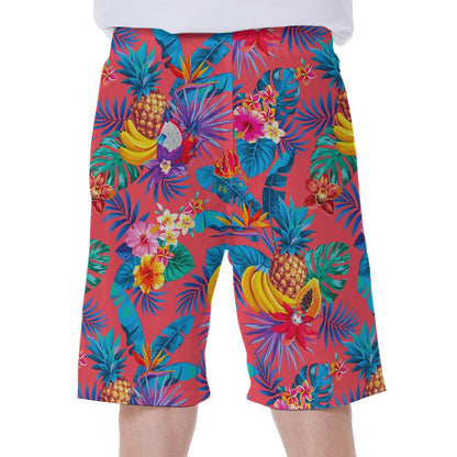 Pink Hawaiian Fruits Pattern Print Men's Beach Shorts