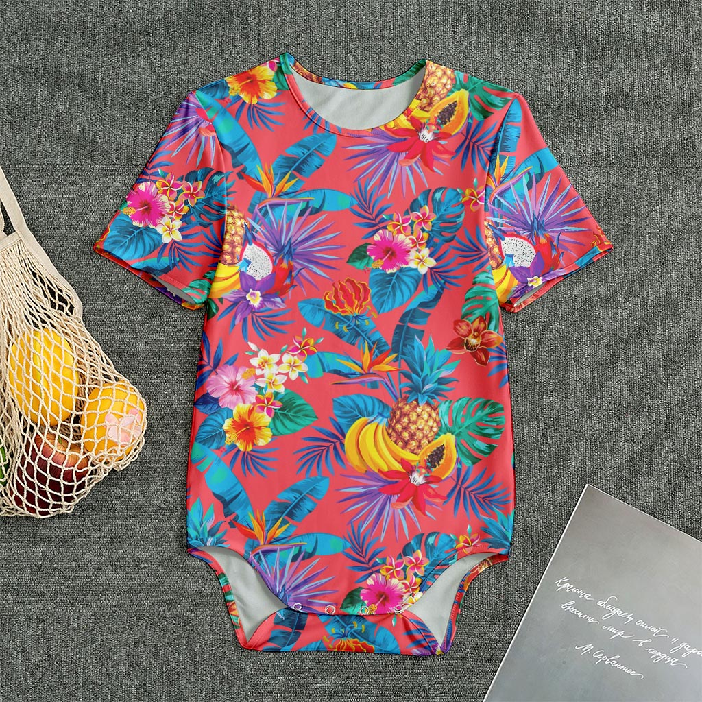 Pink Hawaiian Fruits Pattern Print Men's Bodysuit
