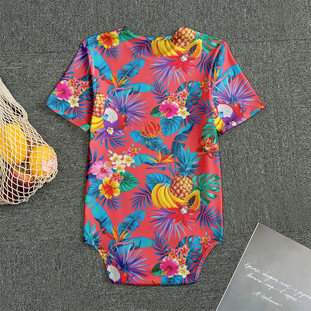 Pink Hawaiian Fruits Pattern Print Men's Bodysuit