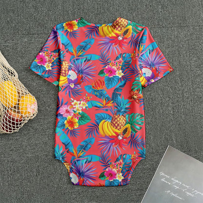 Pink Hawaiian Fruits Pattern Print Men's Bodysuit