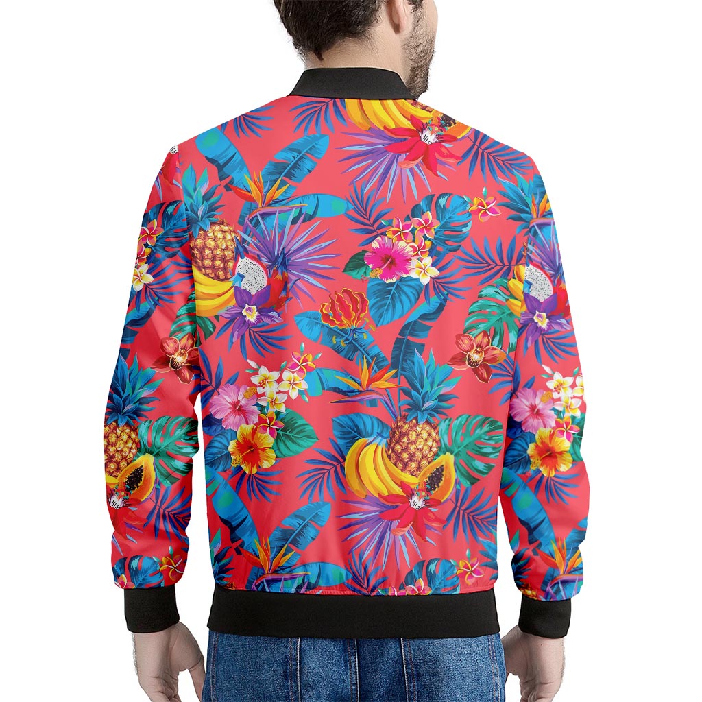 Pink Hawaiian Fruits Pattern Print Men's Bomber Jacket