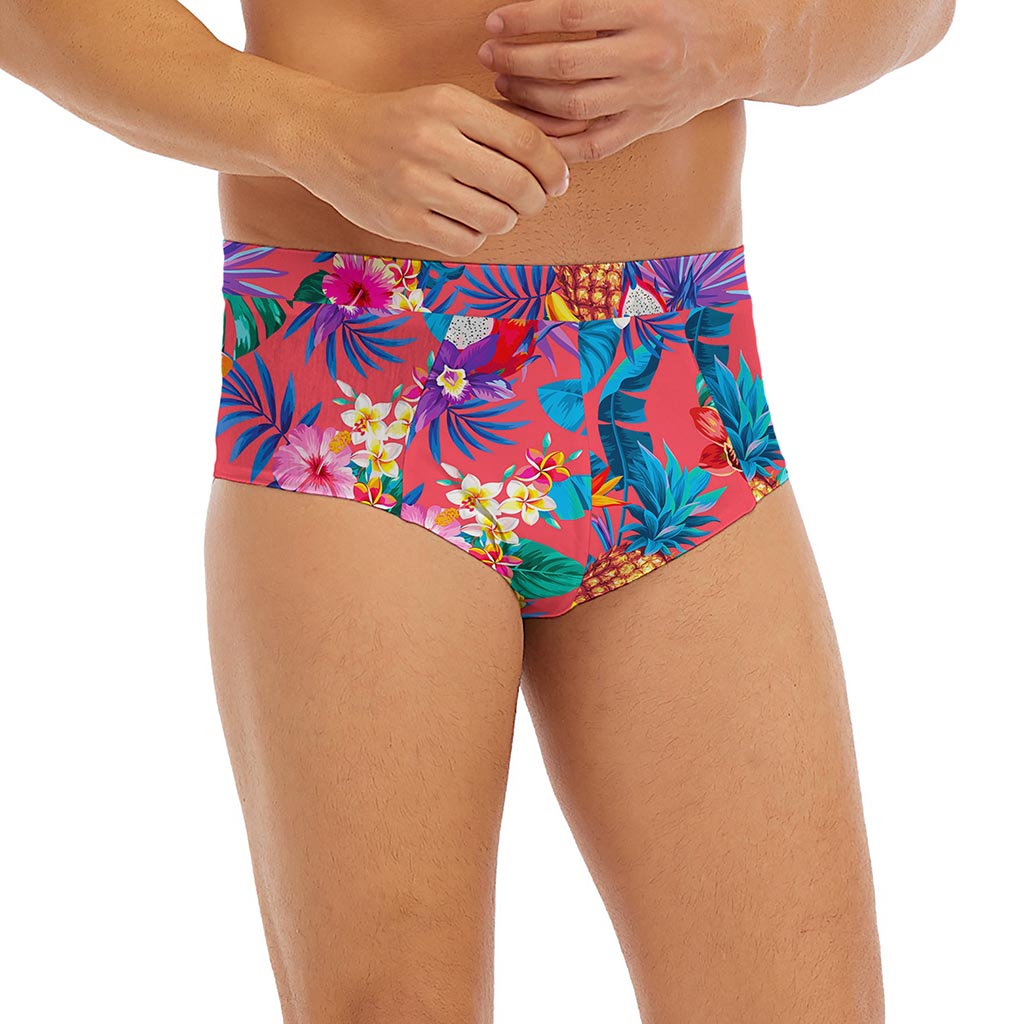 Pink Hawaiian Fruits Pattern Print Men's Briefs