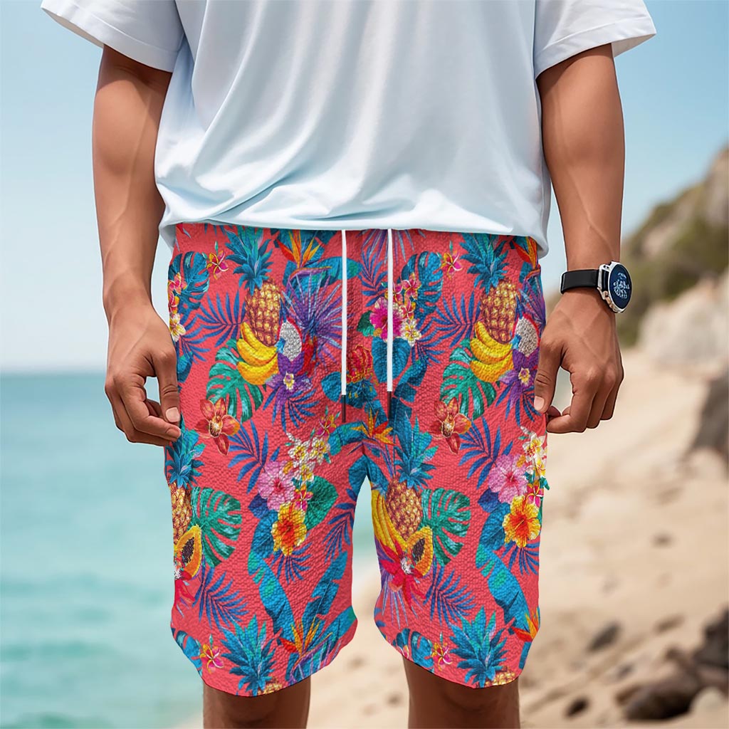 Pink Hawaiian Fruits Pattern Print Men's Cargo Shorts