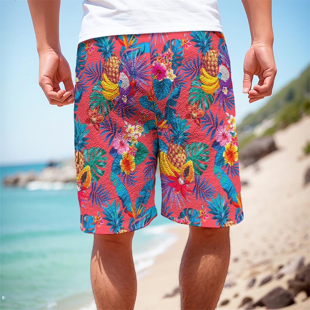 Pink Hawaiian Fruits Pattern Print Men's Cargo Shorts