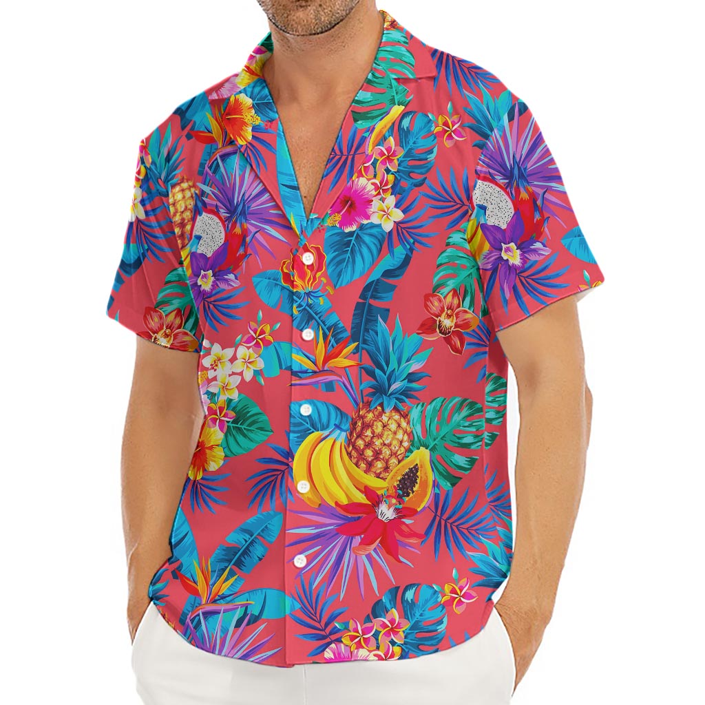 Pink Hawaiian Fruits Pattern Print Men's Deep V-Neck Shirt