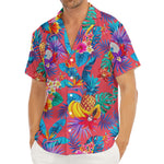 Pink Hawaiian Fruits Pattern Print Men's Deep V-Neck Shirt