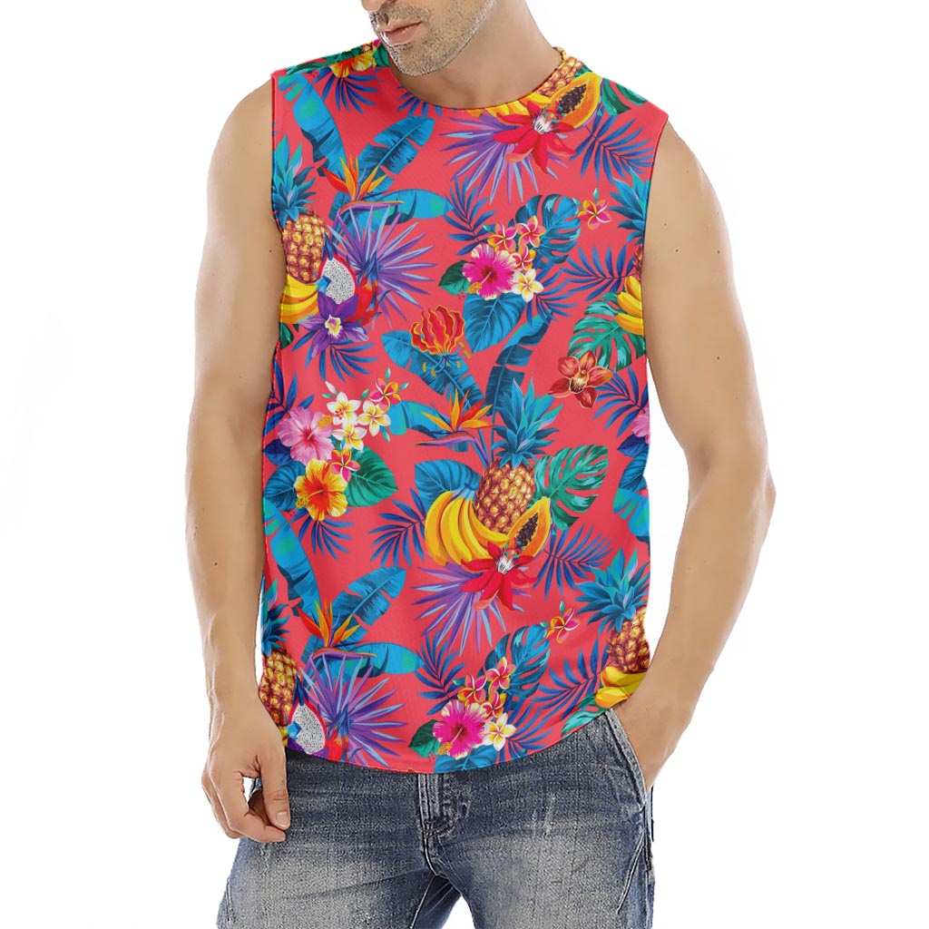 Pink Hawaiian Fruits Pattern Print Men's Fitness Tank Top