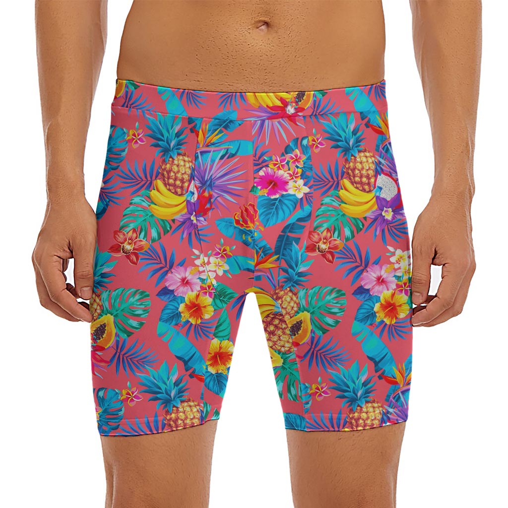 Pink Hawaiian Fruits Pattern Print Men's Long Boxer Briefs