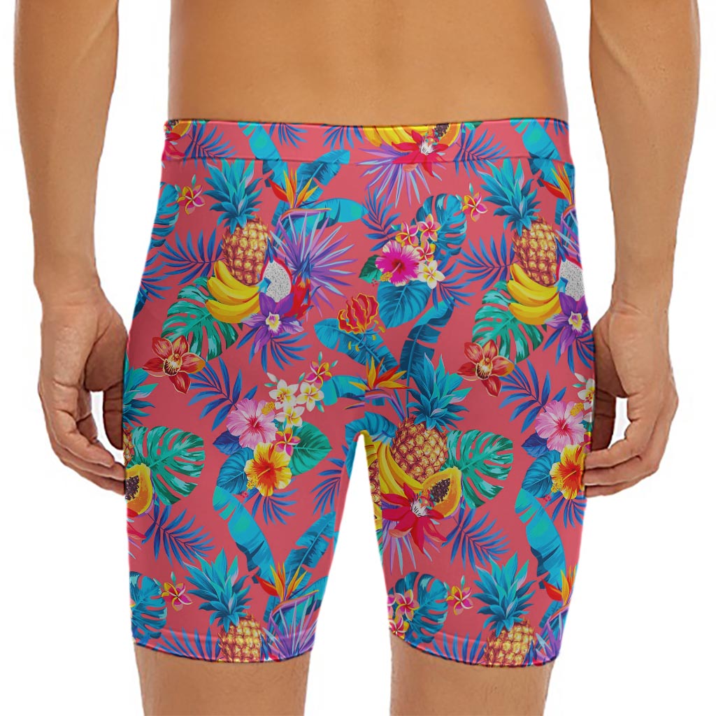 Pink Hawaiian Fruits Pattern Print Men's Long Boxer Briefs