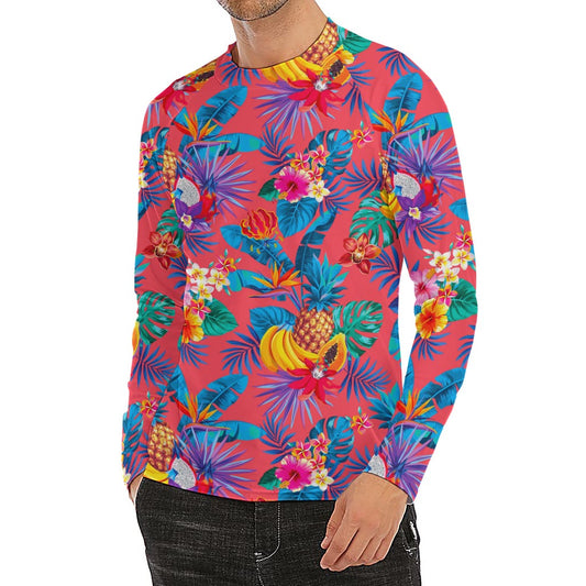 Pink Hawaiian Fruits Pattern Print Men's Long Sleeve Rash Guard