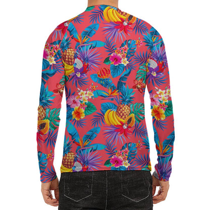 Pink Hawaiian Fruits Pattern Print Men's Long Sleeve Rash Guard