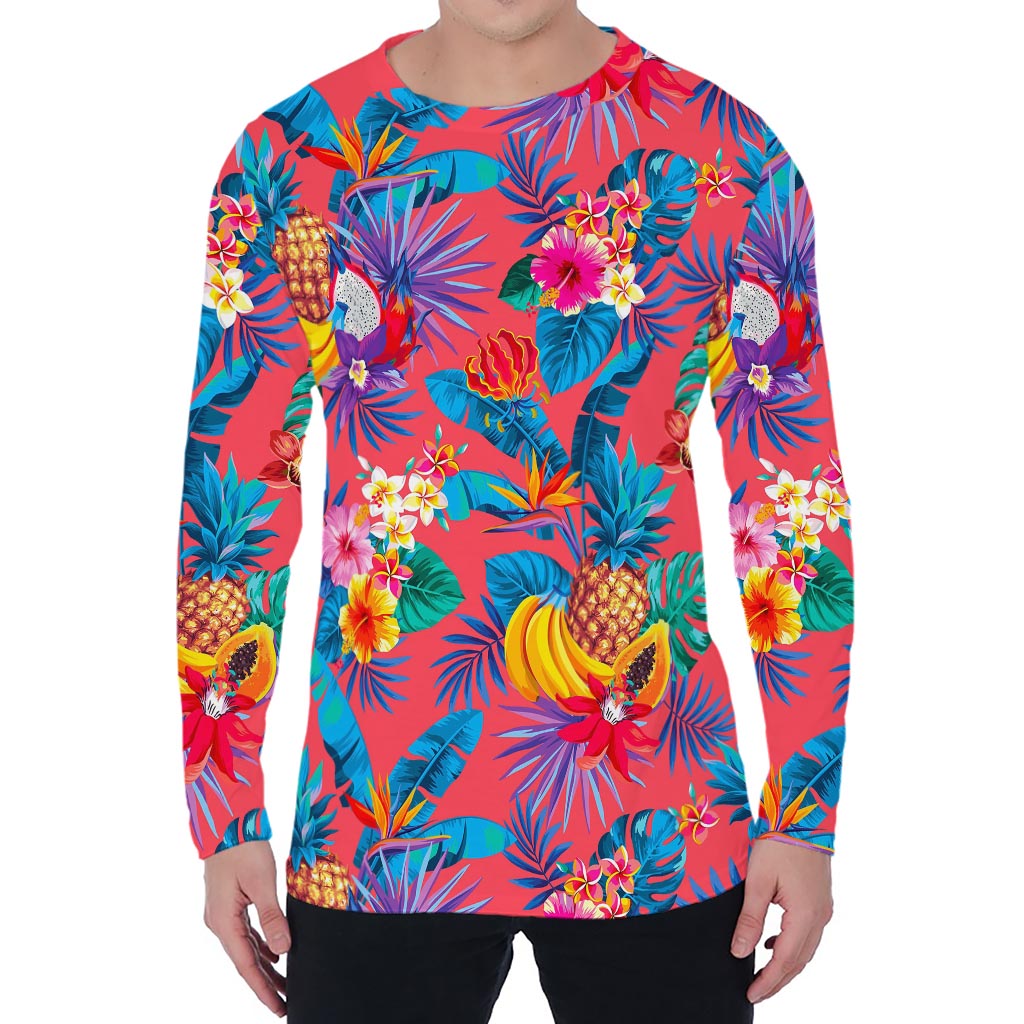 Pink Hawaiian Fruits Pattern Print Men's Long Sleeve T-Shirt