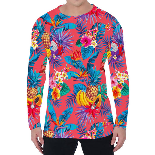 Pink Hawaiian Fruits Pattern Print Men's Long Sleeve T-Shirt