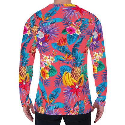 Pink Hawaiian Fruits Pattern Print Men's Long Sleeve T-Shirt