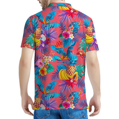 Pink Hawaiian Fruits Pattern Print Men's Polo Shirt