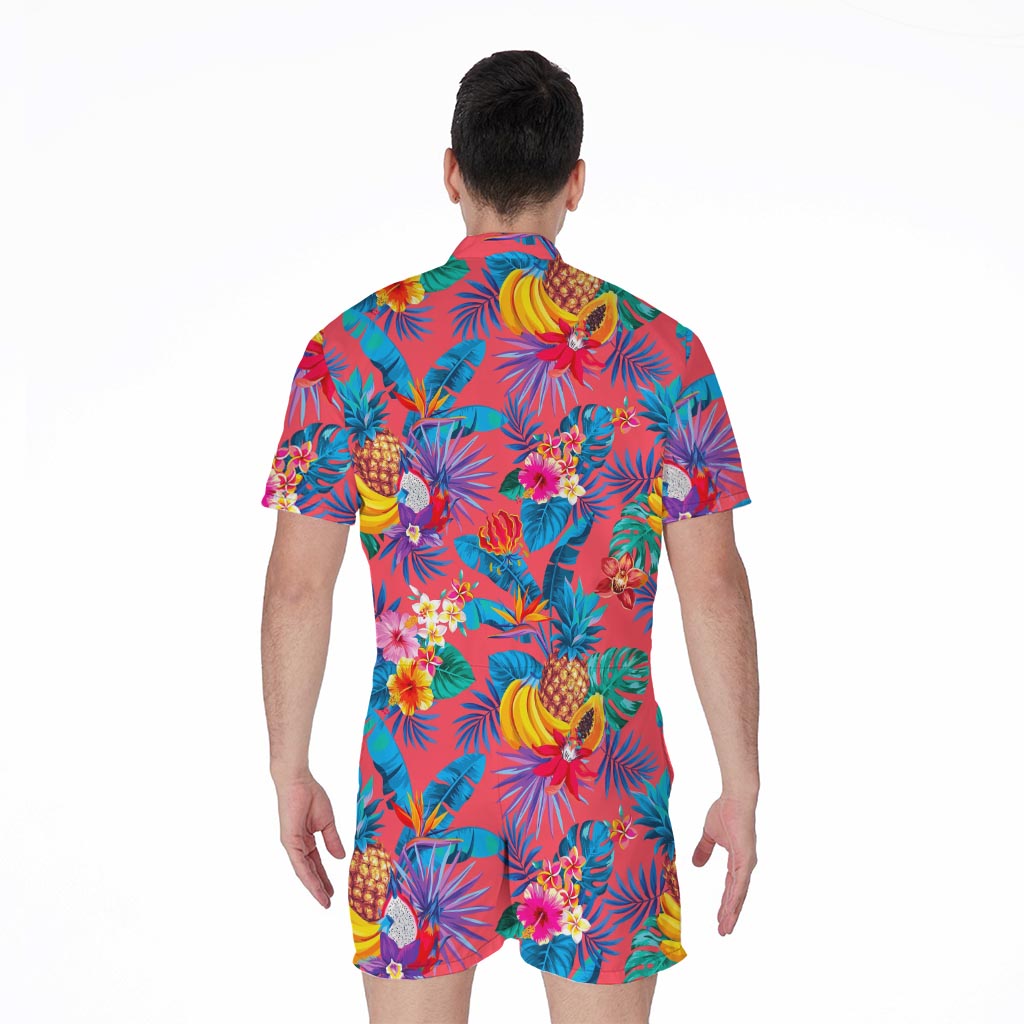 Pink Hawaiian Fruits Pattern Print Men's Rompers