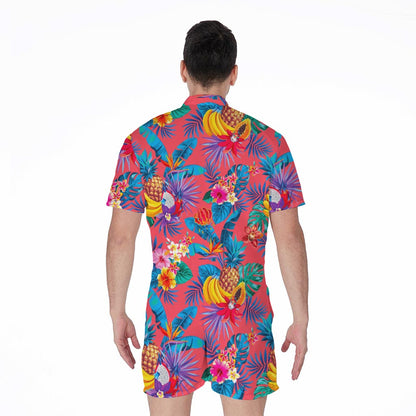 Pink Hawaiian Fruits Pattern Print Men's Rompers