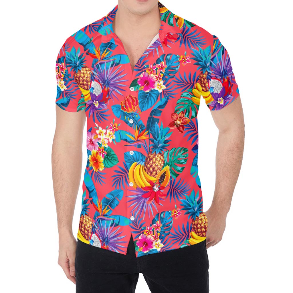 Pink Hawaiian Fruits Pattern Print Men's Shirt