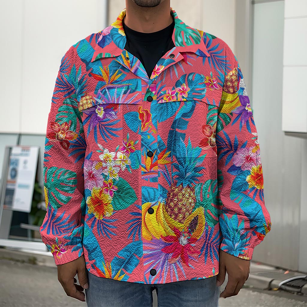 Pink Hawaiian Fruits Pattern Print Men's Shirt Jacket
