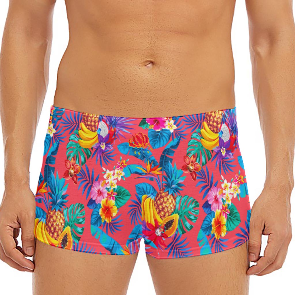 Pink Hawaiian Fruits Pattern Print Men's Short Boxer Briefs
