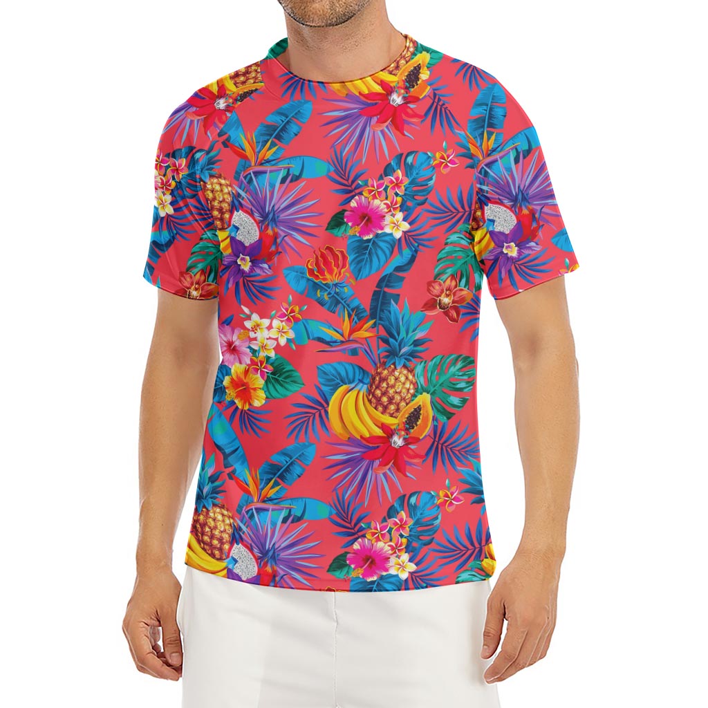 Pink Hawaiian Fruits Pattern Print Men's Short Sleeve Rash Guard