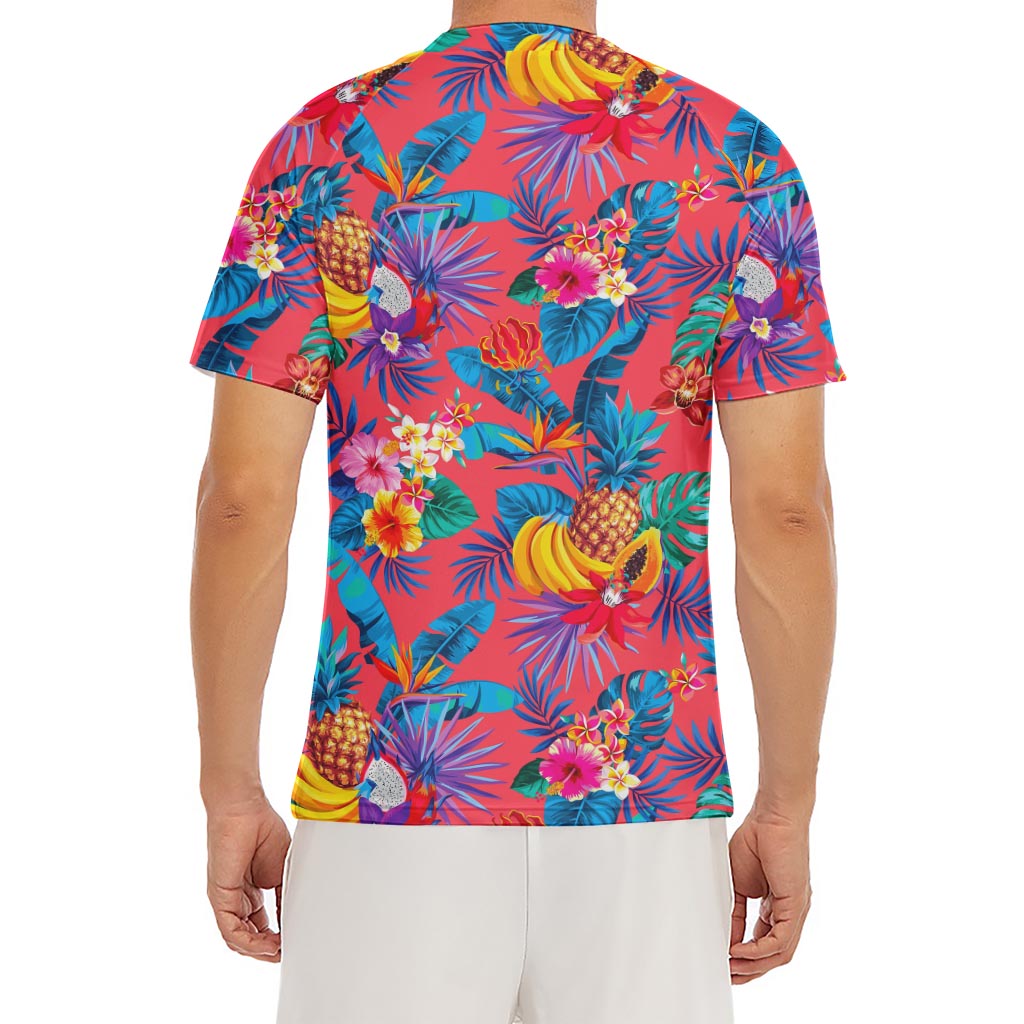 Pink Hawaiian Fruits Pattern Print Men's Short Sleeve Rash Guard