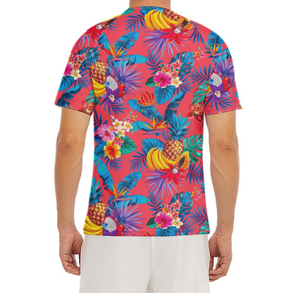 Pink Hawaiian Fruits Pattern Print Men's Short Sleeve Rash Guard