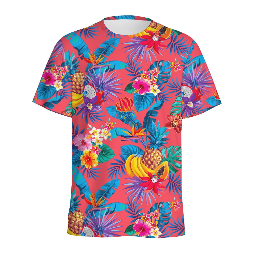 Pink Hawaiian Fruits Pattern Print Men's Sports T-Shirt