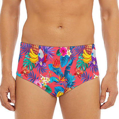 Pink Hawaiian Fruits Pattern Print Men's Triangle Swim Briefs
