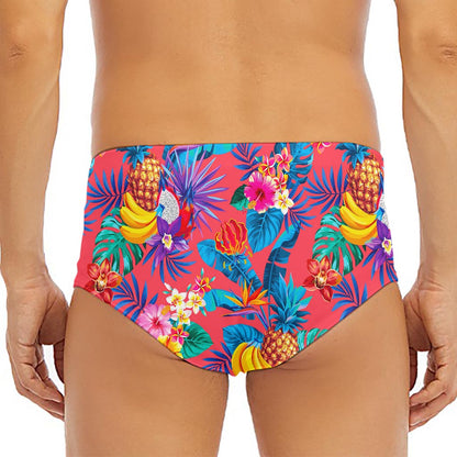 Pink Hawaiian Fruits Pattern Print Men's Triangle Swim Briefs