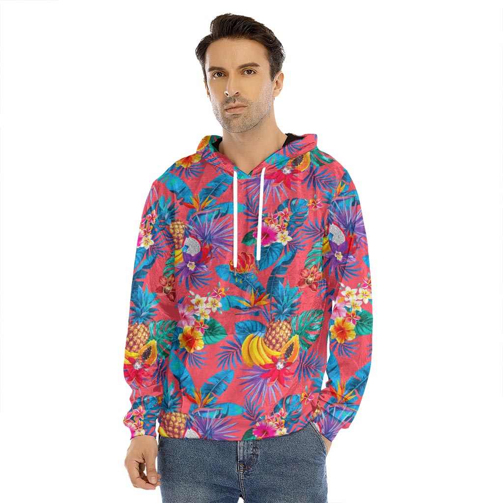 Pink Hawaiian Fruits Pattern Print Men's Velvet Pullover Hoodie