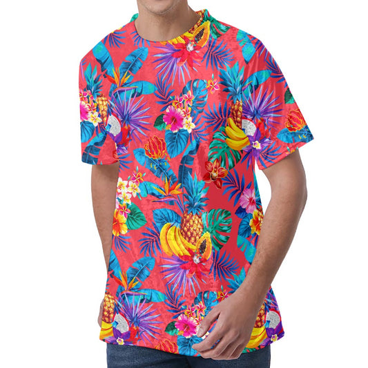 Pink Hawaiian Fruits Pattern Print Men's Velvet T-Shirt