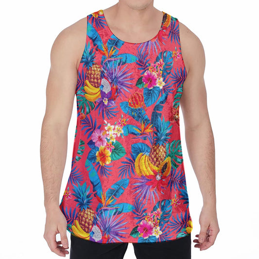 Pink Hawaiian Fruits Pattern Print Men's Velvet Tank Top