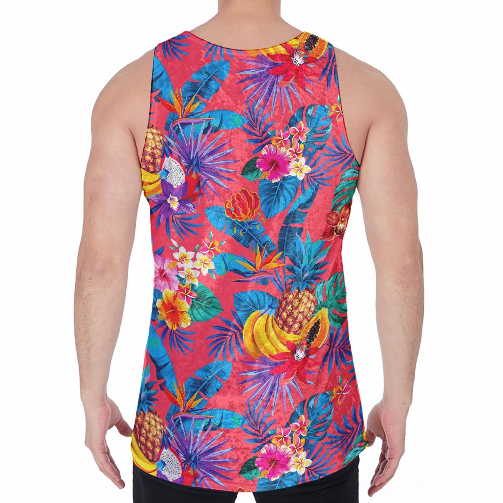 Pink Hawaiian Fruits Pattern Print Men's Velvet Tank Top