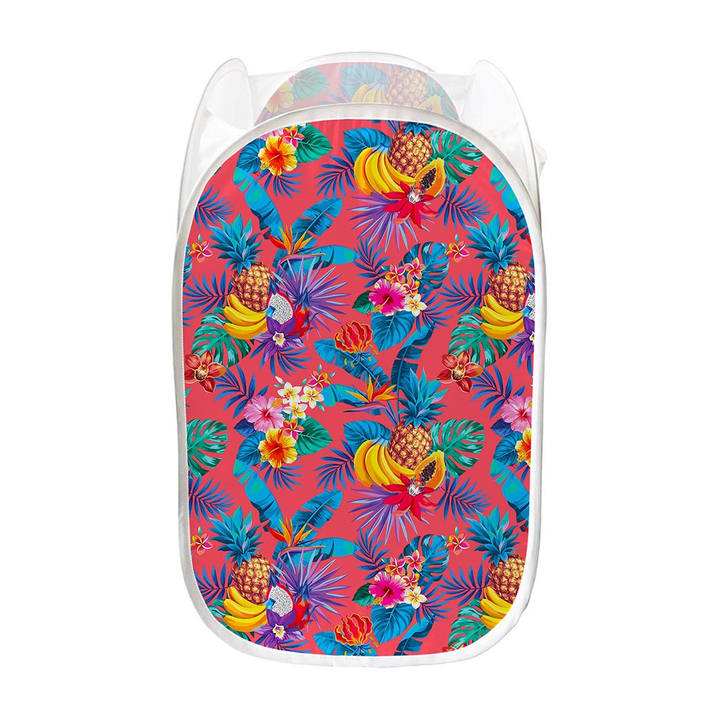 Pink Hawaiian Fruits Pattern Print Mesh Laundry Hamper