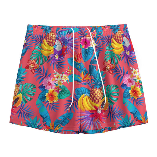 Pink Hawaiian Fruits Pattern Print Mesh Shorts