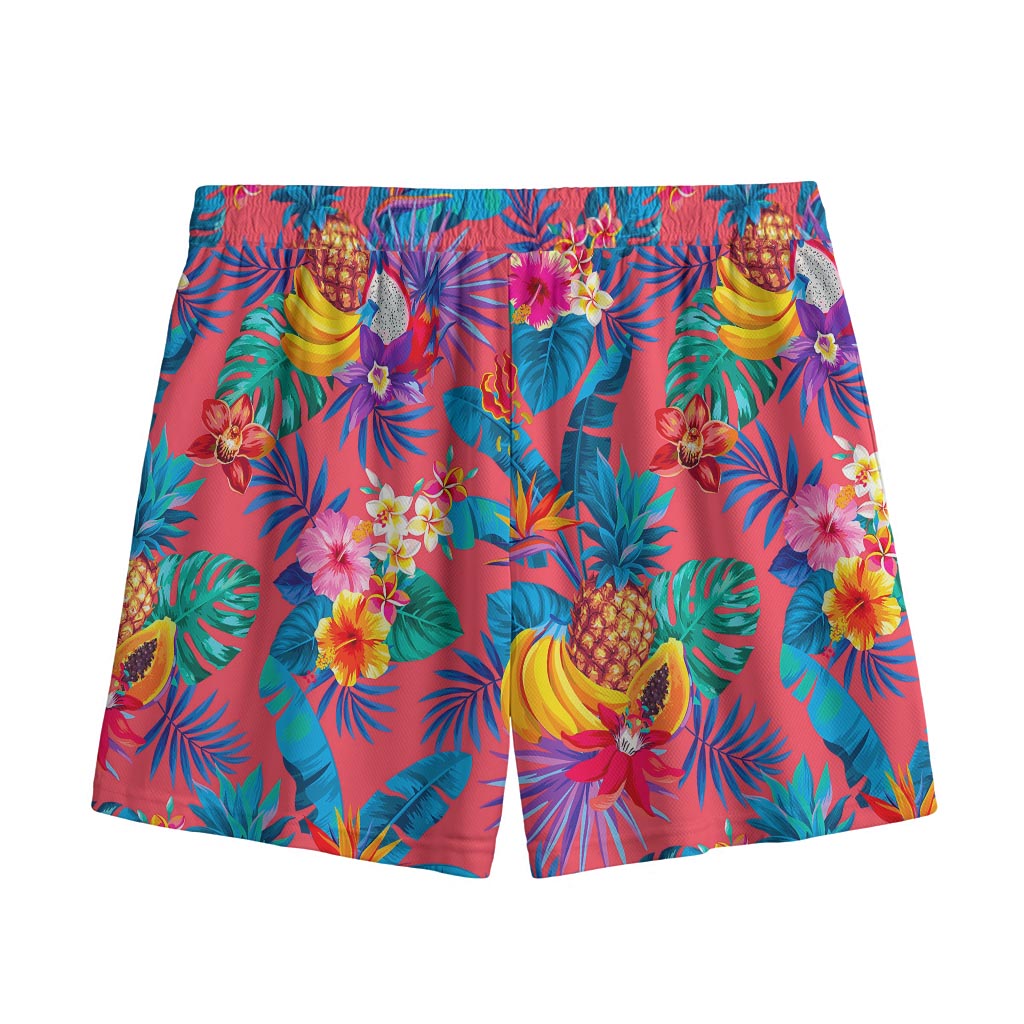Pink Hawaiian Fruits Pattern Print Mesh Shorts