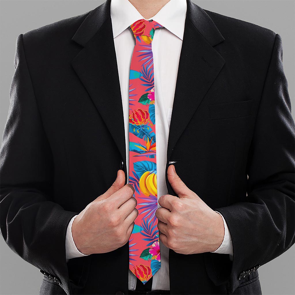 Pink Hawaiian Fruits Pattern Print Necktie