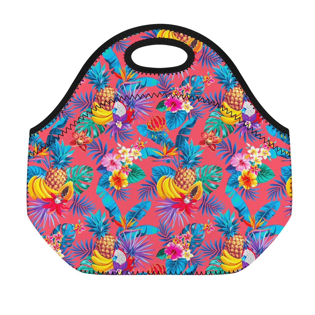 Pink Hawaiian Fruits Pattern Print Neoprene Lunch Bag