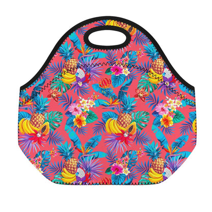 Pink Hawaiian Fruits Pattern Print Neoprene Lunch Bag