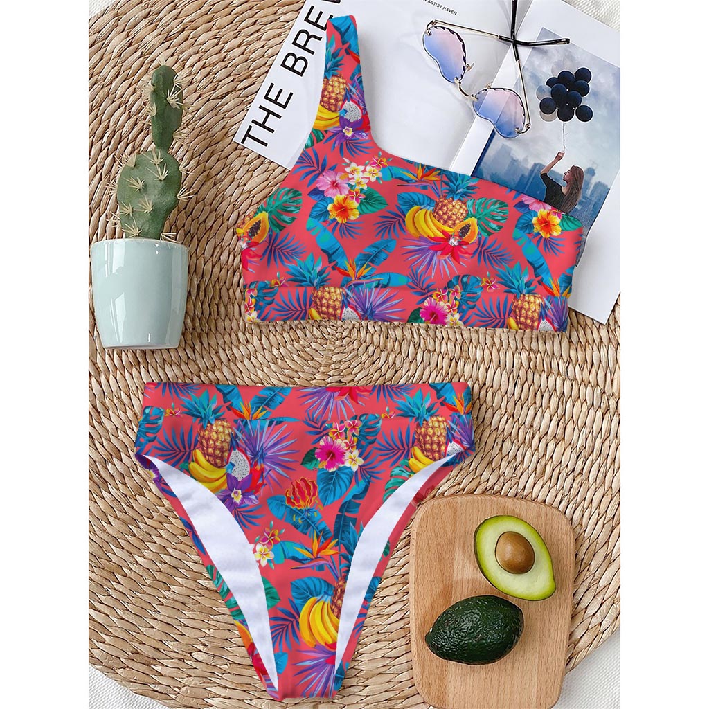 Pink Hawaiian Fruits Pattern Print One Shoulder Bikini Top