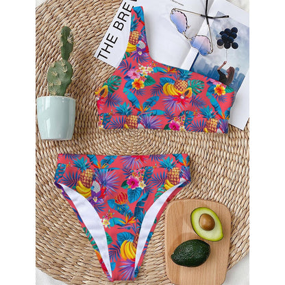 Pink Hawaiian Fruits Pattern Print One Shoulder Bikini Top